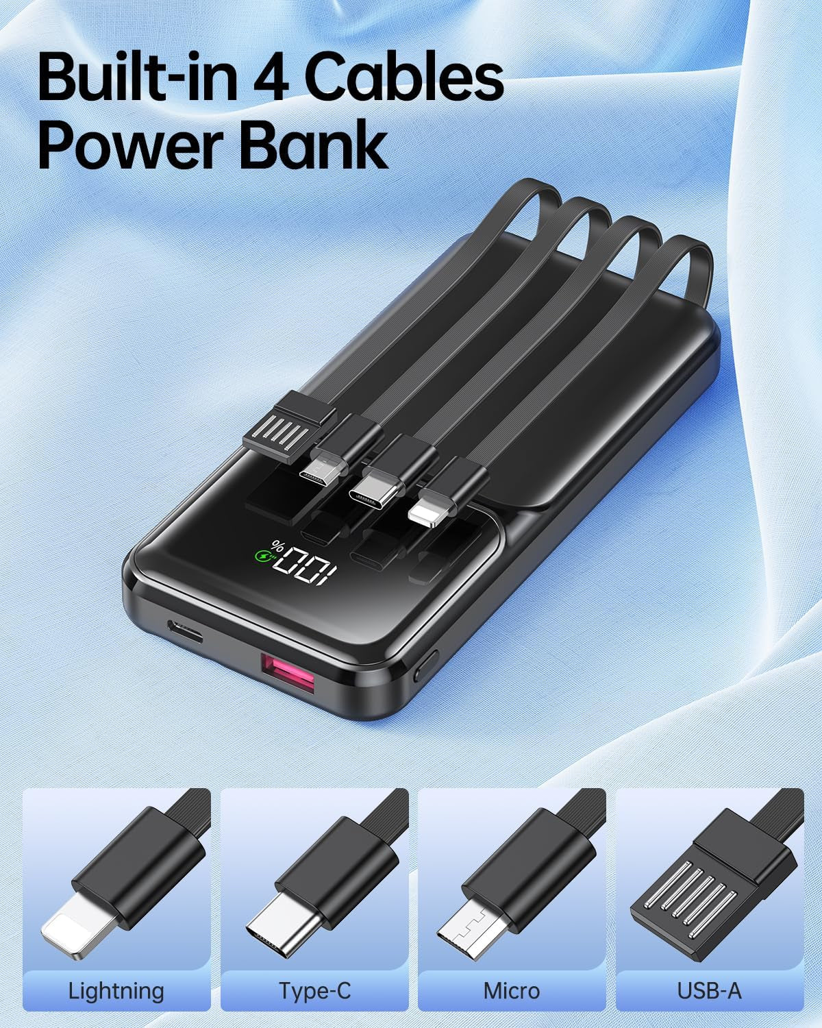 Portable Charger Power Bank with Built in Cable 20000Mah Fast Charging