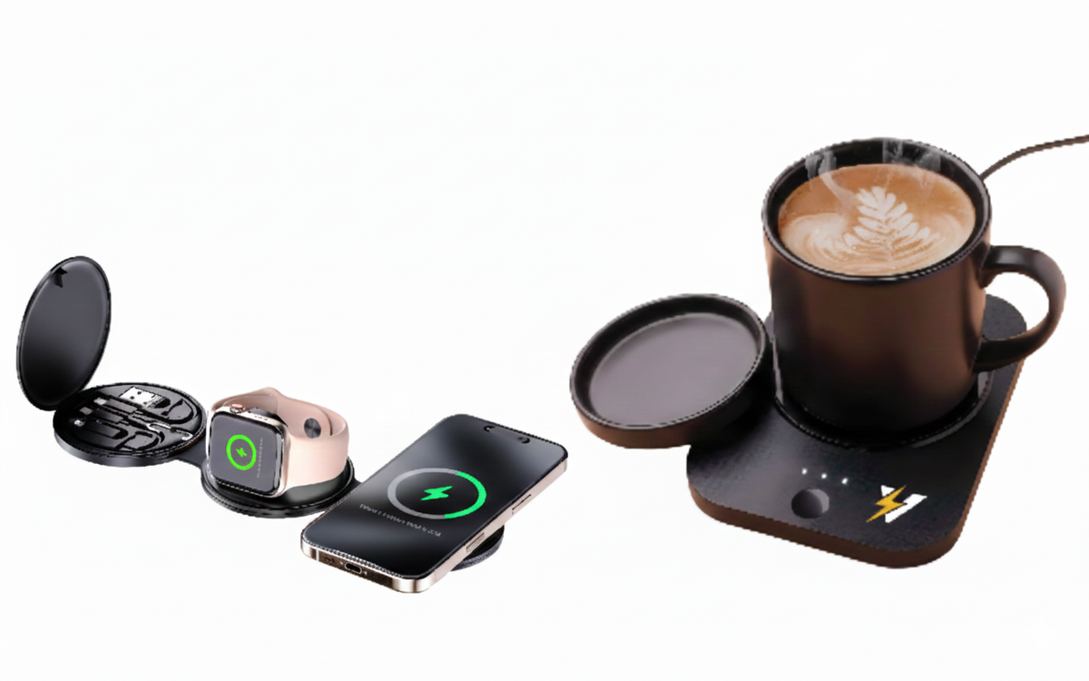 Complete Wireless Charging & Comfort Bundle – Sip & Charge 2-in-1 Mug Warmer + 5-in-1 Folding Charging Station